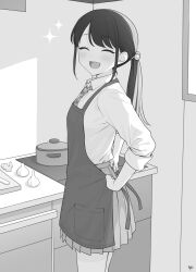 Rule 34 | 1girl, :d, ^ ^, apron, blush, closed eyes, collared shirt, commentary request, cutting board, facing viewer, garlic, greyscale, hair bobbles, hair ornament, highres, indoors, long hair, long sleeves, mole, mole under eye, monochrome, necktie, open mouth, original, plaid necktie, pleated skirt, ponytail, shirt, skirt, smile, solo, sparkle, takenoko no you