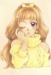 Rule 34 | 1girl, absurdres, aizen (syoshiyuki), amanogawa kirara, blue eyes, bow, bow hairband, brown hair, clothing cutout, cropped torso, earrings, go! princess precure, hair bow, hairband, highres, jewelry, long hair, long sleeves, looking at viewer, one eye closed, parted lips, precure, ribbed sweater, shoulder cutout, simple background, solo, star (symbol), star earrings, sweater, turtleneck, turtleneck sweater, upper body, very long hair, white background, yellow bow, yellow hairband, yellow sweater