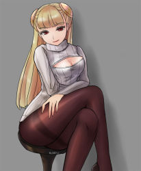 Rule 34 | 1girl, blonde hair, breasts, brown pantyhose, capcom fighting jam, cleavage, crossed legs, elsen, hairpods, ingrid (capcom), long hair, medium breasts, meme attire, open-chest sweater, pantyhose, red eyes, signature, smile, solo, stool, sweater, thighband pantyhose