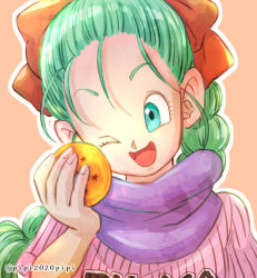 Rule 34 | 1girl, ;d, bad id, bad pixiv id, braid, bulma, dragon ball, dragon ball (classic), dragon ball (object), green eyes, green hair, hair ornament, holding, holding dragon ball, one eye closed, open mouth, pipi2020pipi, smile, solo, twitter username, upper body