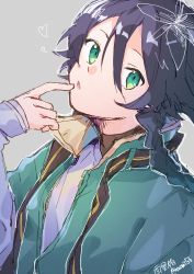 Rule 34 | 1boy, absurdres, black hair, blue hair, braid, floral print, genshin impact, gradient hair, green eyes, heart, highres, huge filesize, jacket, long sleeves, looking at viewer, male focus, mamt56, multicolored hair, open mouth, simple background, solo, trap, venti (genshin impact)