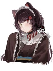 Rule 34 | 1girl, animal ears, black collar, brown hair, brown kimono, collar, dog ears, flower, frilled sleeves, frills, hair flower, hair ornament, heterochromia, highres, inui toko, inui toko (1st costume), japanese clothes, kimono, long hair, low twintails, maid, maid headdress, matsumomo (mamama tomo), nijisanji, red eyes, red flower, simple background, sleeves past fingers, sleeves past wrists, solo, swept bangs, twintails, virtual youtuber, wa maid, white background, wide sleeves, yellow eyes
