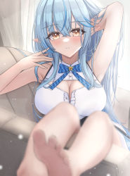Rule 34 | 1girl, absurdres, arm up, armpits, blue bow, blue bowtie, blue hair, blush, bow, bowtie, breasts, brown eyes, cleavage, cleavage cutout, clothing cutout, commentary request, couch, crossed bangs, feet, feet up, foreshortening, hand up, highres, hololive, indoors, large breasts, long hair, looking at viewer, mofu07519, multicolored hair, pointy ears, shirt, sleeveless, sleeveless shirt, soles, solo, streaked hair, toes, virtual youtuber, yukihana lamy