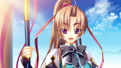 Rule 34 | 1girl, :d, ahoge, arm up, bachou, ball, black bow, bow, brown hair, cloud, cloudy sky, day, eyebrows, forehead, game cg, gold, gradient background, green shirt, hair tubes, hairband, halberd, happy, heaven, hikage eiji, holding, holding weapon, koihime enbu, koihime musou, long hair, long ribbon, long sleeves, looking at viewer, mountain, non-web source, open mouth, out of frame, polearm, ponytail, portrait, purple eyes, purple ribbon, ribbon, shirt, sky, smile, solo, spear, thick eyebrows, tongue, upper body, weapon, yatsuha kanan