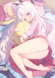 Rule 34 | 1girl, absurdres, ahoge, alarm clock, ass, bare legs, barefoot, blue archive, blush, clock, commentary request, full body, hair ornament, halo, highres, hina (blue archive), hina (pajamas) (blue archive), horns, hugging object, long hair, long sleeves, looking at viewer, lying, multiple horns, on bed, on side, panties, parted bangs, pillow, purple eyes, rika (mikunopantsu), skirt, solo, thighs, underwear, very long hair, white hair, white panties, wings
