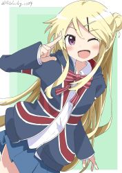 Rule 34 | 1girl, :d, absurdres, blonde hair, blue skirt, blush, border, collared shirt, commentary, cynical (llcbluckg c004), green background, hair bun, hair ornament, hand up, highres, jacket, kin-iro mosaic, kujou karen, long hair, long sleeves, looking at viewer, multicolored background, one eye closed, open mouth, outside border, pleated skirt, purple eyes, shirt, skirt, smile, solo, twitter username, union jack, union jack print, v, very long hair, white border, white shirt, x hair ornament