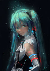 Rule 34 | 1girl, 2018, absurdres, aqua hair, black hairband, black ribbon, blue eyes, dated, detached sleeves, earrings, from side, grey sleeves, hairband, hand on own hip, hatsune miku, highres, jewelry, long hair, looking at viewer, miku symphony (vocaloid), neck ribbon, ribbon, signature, solo, twintails, upper body, very long hair, vocaloid, xiaobanbei milk