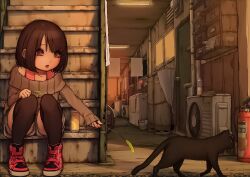 Rule 34 | 1girl, :o, animal, black cat, black thighhighs, blunt bangs, bottle, brown eyes, brown hair, brown sweater, can, casual, cat, child, door, fan, fire hydrant, grey shorts, highres, industrial, lamp, miyu (tiny evil), muk (monsieur), non-web source, open mouth, outdoors, raised eyebrows, rust, shoes, short hair, shorts, sitting, sneakers, solo, stairs, surprised, sweater, thighhighs, third-party edit, tiny evil, towel, umbrella, water bottle