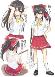Rule 34 | 1girl, alternate costume, armpits, arms behind head, arms up, black footwear, black hair, blush, bow, bowtie, breasts, brown eyes, commentary request, contemporary, cropped torso, frilled bow, frills, from behind, gohei, hair between eyes, hair bow, hair tubes, hakurei reimu, hand on own hip, highres, holding, igayan, kneehighs, loafers, long hair, looking at viewer, medium breasts, miniskirt, multiple views, one eye closed, open mouth, ponytail, red bow, red skirt, school uniform, shirt, shoes, short sleeves, sidelocks, simple background, sitting, skirt, smile, socks, touhou, translation request, wet, wet clothes, wet shirt, white background, white shirt, white socks, wing collar, yellow bow, yellow neckwear