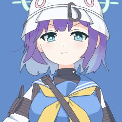 Rule 34 | 1girl, blue archive, blue background, blue eyes, blue hair, blue sailor collar, boku (fmku3244), closed mouth, colored inner hair, commentary request, green halo, halo, helmet, looking at viewer, multicolored hair, neckerchief, purple hair, sailor collar, saki (blue archive), short hair, simple background, two-tone hair, upper body, white headwear, yellow neckerchief
