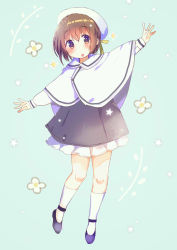 Rule 34 | 1girl, :o, blush, bow, brown eyes, brown hair, character request, copyright request, dress, flats, flower (symbol), full body, green background, hair between eyes, hat, hat bow, highres, kneehighs, long sleeves, looking at viewer, open mouth, outstretched arms, sailor collar, sailor dress, school uniform, serafuku, short hair, sidelocks, simple background, socks, solo, white socks