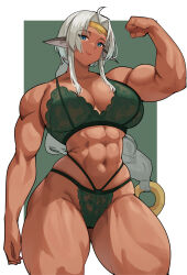 Rule 34 | 1girl, abs, ahoge, aisha clanclan, animal ears, arm up, bare shoulders, blue eyes, bra, breasts, cameltoe, circlet, closed mouth, collarbone, commentary, cowboy shot, cromwellb, dark-skinned female, dark skin, fang, fang out, flexing, gluteal fold, green background, green bra, green panties, grey hair, highres, large breasts, long hair, looking at viewer, muscular, muscular female, o-ring, outlaw star, panties, parted bangs, simple background, smirk, solo, thick thighs, thighs, toned, underwear, underwear only, very long hair, wide hips