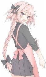 Rule 34 | 1boy, apron, astolfo (fate), black bow, black ribbon, bow, braid, fang, fate/apocrypha, fate/grand order, fate (series), hair intakes, hair ribbon, hand on own arm, male focus, mobu, multicolored hair, pink hair, purple eyes, ribbon, single braid, sleeves rolled up, solo, streaked hair, trap