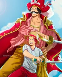 Rule 34 | 2boys, black hair, cloud, collarbone, day, facial hair, gol d. roger, grin, hand on own hip, hat, hat feather, highres, holding, holding sword, holding weapon, jacket, jacket on shoulders, jewelry, long hair, long sleeves, male focus, multiple boys, mustache, necklace, one piece, orange pants, outdoors, pants, pink shirt, red hair, red jacket, red pants, shanks (one piece), shirt, smile, straw hat, striped clothes, striped shirt, stubble, sword, teeth, trevo (trevoshere), weapon