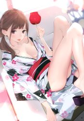 Rule 34 | 1girl, :p, absurdres, ama mitsuki, backlighting, bare legs, bare shoulders, bloom, blush, breasts, breasts apart, brown hair, candy apple, collarbone, couch, eyelashes, fingernails, floral print, food, hand up, highres, holding, holding food, japanese clothes, kimono, knees up, light particles, long fingernails, looking at viewer, medium breasts, medium hair, no bra, no panties, non-web source, obi, off shoulder, okobo, open clothes, open kimono, original, page number, ponytail, purple eyes, reclining, red sash, sandals, sash, scan, shoe dangle, shoes, sidelocks, solo, swept bangs, thighs, tongue, tongue out, white kimono