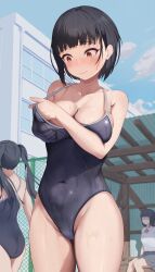 Rule 34 | 3girls, absurdres, ass, bare arms, black hair, black one-piece swimsuit, black skirt, blunt bangs, blush, breasts, building, cleavage, closed mouth, collarbone, collared shirt, commentary request, competition school swimsuit, covered navel, faceless, faceless female, highleg, highres, long hair, medium breasts, multiple girls, one-piece swimsuit, original, outdoors, school swimsuit, school uniform, shirt, short hair, sitting, skirt, solo focus, soradariku, standing, swimsuit, thighs, twintails, wet, white shirt