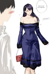 Rule 34 | 1boy, 1girl, artist name, bag, bare shoulders, black hair, blue dress, breasts, cleavage, closed mouth, collarbone, dress, english text, feet out of frame, glasses, highres, holding, holding bag, kamishiro rize, large breasts, long hair, long sleeves, off-shoulder dress, off shoulder, red-framed eyewear, red bagbangs, semi-rimless eyewear, shirt, short hair, solo focus, speech bubble, tokyo ghoul, white shirt, yourfreakyneighbourh