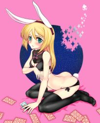 Rule 34 | 1girl, animal ears, aqua eyes, ass, black panties, black thighhighs, blonde hair, blush, bra, breasts, butt crack, cleavage, female focus, full body, head wings, heidimarie w. schnaufer, heinrike prinzessin zu sayn-wittgenstein, lingerie, long hair, marie (bethlehem), noble witches, panties, photo (object), rabbit ears, rabbit tail, solo, strike witches, tail, thighhighs, underwear, underwear only, wings, world witches series