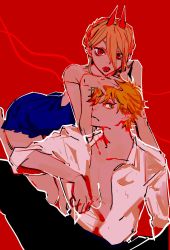 Rule 34 | 1boy, 1girl, alternate hairstyle, bare shoulders, black pants, blonde hair, blue dress, chainsaw man, collared shirt, denji (chainsaw man), dress, hair between eyes, hair over eyes, hair over one eye, hand on another&#039;s head, highres, horns, open clothes, open mouth, open shirt, pants, pecopecosupipi, red background, red eyes, shirt, short hair, simple background, white shirt, yellow eyes