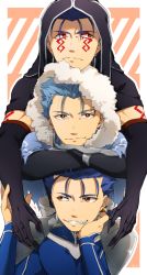 Rule 34 | 3boys, angry, armor, blue hair, bodypaint, capelet, closed mouth, crossed arms, cu chulainn (fate), cu chulainn (fate) (all), cu chulainn (fate/stay night), cu chulainn alter (fate), cu chulainn alter (fate/grand order), dark persona, earrings, elbow gloves, facepaint, fang, fangs, fate/grand order, fate/stay night, fate (series), frown, fuji121, fur, fur-trimmed hood, fur trim, gloves, grin, head rest, highres, hood, hood up, hooded capelet, jewelry, lancer, looking at viewer, looking to the side, male focus, multiple boys, multiple persona, pauldrons, red eyes, shoulder armor, skin tight, smile, spiked hair, type-moon