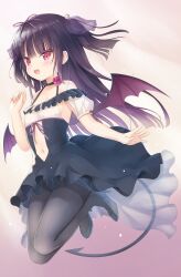 Rule 34 | 1girl, bare shoulders, black choker, black dress, black thighhighs, blush, breasts, choker, clothing cutout, commentary request, demon tail, demon wings, dress, floating, flower, full body, gradient background, hair ribbon, halterneck, hand up, high heels, highres, kneeling, long hair, na-ga, navel, neck flower, open mouth, original, pearl hair ornament, puffy short sleeves, puffy sleeves, purple flower, purple hair, purple ribbon, purple rose, purple wings, red eyes, ribbon, rose, short sleeves, sidelocks, small breasts, solo, stomach cutout, tail, thighhighs, variant set, wings