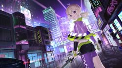 Rule 34 | 2girls, antenna hair, asymmetrical sleeves, black footwear, black shorts, breasts, building, capelet, car, city lights, cityscape, detached sleeves, dutch angle, gloves, gris (vertigris), highres, holding, holding sword, holding weapon, indie virtual youtuber, kyuuon (vtuber), light brown hair, light trail, looking at viewer, low ponytail, motor vehicle, multiple girls, night, original, pantyhose, people, purple eyes, purple pantyhose, shirt, short shorts, shorts, single leg pantyhose, skyscraper, sleeveless, sleeveless shirt, small breasts, solo, solo focus, standing, sword, uneven sleeves, vending machine, vertigris, virtual youtuber, weapon, white gloves, white shirt