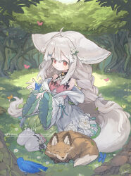 1girl absurdres ahoge animal animal_ears bare_shoulders bird blush braid bug butterfly closed_mouth commentary_request commission day flower forest fox fox_ears fox_girl fox_tail full_body green_skirt grey_hair hair_between_eyes hair_ornament hairclip highres insect izayoi_cha jacket long_hair looking_at_viewer low_twintails nature off_shoulder on_grass open_clothes open_jacket original outdoors red_eyes sakurada_shiro_(hy_plus) seiza sitting skeb_commission skirt smile solo tail thighhighs twin_braids twintails very_long_hair white_flower white_jacket white_thighhighs x_hair_ornament