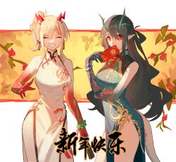 Rule 34 | 2girls, :d, absurdres, arknights, bare shoulders, bead bracelet, beads, black hair, blue dress, blue skin, bracelet, breasts, chinese new year, closed eyes, colored skin, cowboy shot, dragon girl, dragon horns, dragon tail, dress, dusk (arknights), dusk (everything is a miracle) (arknights), earrings, facing viewer, gradient skin, green hair, grin, hair between eyes, highres, holding, hongbao, horns, jewelry, long hair, medium breasts, multicolored hair, multiple girls, nian (arknights), nian (unfettered freedom) (arknights), official alternate costume, open mouth, pelvic curtain, pointy ears, red hair, red skin, short hair, short ponytail, shouz, siblings, sisters, sleeveless, sleeveless dress, smile, streaked hair, tail, tassel, tassel earrings, two-tone hair, very long hair, white dress, white hair
