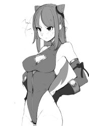 Rule 34 | 1girl, absurdres, bare shoulders, blush, breasts, cestina (grand summoners), cleavage, cleavage cutout, clothing cutout, elbow gloves, gloves, grand summoners, hands on own hips, highres, leotard, long hair, medium breasts, monochrome, puppuppa, solo