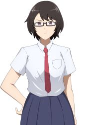 Rule 34 | 1girl, absurdres, black hair, breast pocket, breasts, closed mouth, commentary request, glasses, hall onon, hand on own hip, highres, looking at viewer, medium breasts, necktie, original, pleated skirt, pocket, purple eyes, red necktie, school uniform, shirt, short hair, short sleeves, skirt, solo, upper body, white background