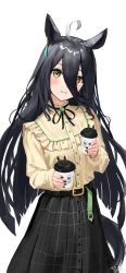 Rule 34 | 1girl, absurdres, ahoge, animal ears, belt, black hair, black nails, blush, casual, coffee cup, commentary request, cup, disposable cup, hair between eyes, highres, horse ears, horse girl, horse tail, long hair, long skirt, long sleeves, looking at viewer, manhattan cafe (umamusume), nail polish, nanaushi, paw print, signature, simple background, skirt, smile, tail, umamusume, very long hair, white background, yellow eyes