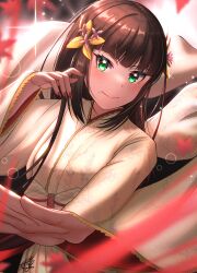Rule 34 | 1girl, absurdres, birthday, black hair, bright09, commentary, flower, green eyes, hair flower, hair ornament, highres, hime cut, japanese clothes, kimono, kurosawa dia, long hair, looking at viewer, love live!, love live! sunshine!!, mole, mole under mouth, red nails, signature, smile, solo, sparkle, upper body