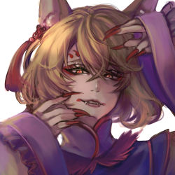 Rule 34 | 1girl, absurdres, alternate eye color, animal ears, blonde hair, clenched teeth, dress, eyelashes, facial mark, fangs, fangs out, fingernails, fox ears, hair ornament, hands up, highres, kyogoku-uru, long fingernails, long sleeves, looking at viewer, nail polish, no headwear, nose, orange eyes, parted bangs, pink lips, red nails, red pupils, sharp fingernails, sidelocks, simple background, slit pupils, smile, solo, tabard, teeth, touhou, upper body, white background, white dress, wind, yakumo ran