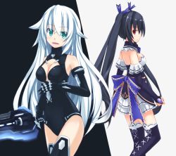 Rule 34 | 10s, 2girls, :d, back, back-to-back, bare shoulders, belt, black background, black gloves, black hair, black heart (neptunia), black legwear, blue eyes, blush, bow, breasts, bridal gauntlets, cleavage, cleavage cutout, closed mouth, clothing cutout, cowboy shot, cross-laced clothes, cross-laced legwear, detached collar, dual persona, elbow gloves, flipped hair, frills, from side, garter straps, gloves, green eyes, hair between eyes, hair ribbon, halterneck, himajin (starmine), holding, holding sword, holding weapon, layered skirt, leotard, light smile, long hair, looking at viewer, looking back, magical girl, medium breasts, miniskirt, multiple girls, neptune (series), noire (neptunia), open mouth, pleated skirt, power symbol, power symbol-shaped pupils, profile, red eyes, ribbon, sideboob, simple background, skirt, small breasts, smile, standing, sword, symbol-shaped pupils, thighhighs, turtleneck, twintails, very long hair, weapon, white background, white hair, zettai ryouiki