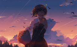 Rule 34 | 1girl, aircraft, airplane, animal, bare shoulders, bird, black dress, blue eyes, blurry, bouquet, bug, cloud, collarbone, contrail, depth of field, dress, dusk, elbow gloves, evening, expressionless, fir tree, firefly, flower, flying, forest, gloves, glowing, guweiz, hair between eyes, hairband, holding, holding flower, bug, lips, nature, orange sky, original, outdoors, parted lips, petals, plant, red ribbon, red rose, ribbon, ribbon-trimmed sleeves, ribbon trim, rose, rose petals, short hair, silhouette, sky, solo, strapless, strapless dress, sunset, tiara, tree, upper body