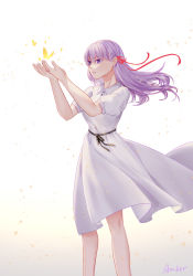 Rule 34 | 1girl, amberdl, artist name, breasts, bug, butterfly, collared dress, commentary request, dress, fate/stay night, fate (series), feet out of frame, gradient background, hair ribbon, hands up, heaven&#039;s feel, highres, insect, long hair, matou sakura, medium breasts, official alternate costume, parted lips, puffy short sleeves, puffy sleeves, purple eyes, purple hair, red ribbon, ribbon, short sleeves, solo, white dress