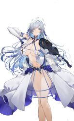 Rule 34 | 1girl, absurdres, azur lane, bare shoulders, blue eyes, blue hair, blue ribbon, breast curtains, breasts, brennus (azur lane), center opening, chinese commentary, cleavage, collarbone, commentary request, cross, detached sleeves, dress, flantia, gloves, hair ornament, hair over one eye, hair ribbon, halo, halo behind head, highres, holding, holding instrument, holding violin, instrument, large breasts, long hair, looking at viewer, multicolored hair, navel, parted lips, puffy detached sleeves, puffy sleeves, revealing clothes, ribbon, see-through, see-through dress, sidelocks, solo, standing, stomach, two-tone hair, very long hair, violin, white dress, white gloves, white hair, white sleeves