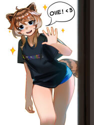 Rule 34 | 1girl, absurdres, ahoge, animal ears, black shirt, blue eyes, blue shorts, blueisalanguage, boyshort panties, brown hair, commentary, english commentary, english text, flat chest, freckles, grey hair, highres, multicolored hair, original, shirt, short hair with long locks, shorts, solo, sparkle, speech bubble, t-shirt, tail, thigh gap, tiger ears, tiger girl, hanna (blueisalanguage), tiger tail, two-tone hair, waving, white background