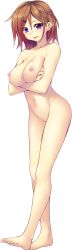 Rule 34 | 1girl, azarashi soft, barefoot, breasts, brown hair, collarbone, completely nude, crossed arms, feet, full body, game cg, hair ornament, hairclip, highres, kamitsurugi ouka, kisara marino, large breasts, navel, nipples, no pussy, non-web source, nude, open mouth, purple eyes, short hair, solo, standing, tachi-e, transparent background, yami to hikari no sanctuary