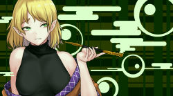 Rule 34 | 1girl, black shirt, blonde hair, breasts, brown jacket, commentary request, green background, green eyes, haiiro gundan, highres, jacket, kiseru, looking to the side, medium breasts, medium hair, mizuhashi parsee, multicolored clothes, multicolored jacket, off shoulder, pointy ears, shirt, sleeveless, sleeveless shirt, smoking pipe, solo, touhou, turtleneck, upper body