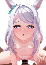 Rule 34 | 1boy, 1girl, absurdres, animal ears, blue bow, blush, bow, breasts, collarbone, completely nude, cowgirl position, ear bow, hetero, highres, holding hands, horse ears, horse girl, horse tail, interlocked fingers, looking at viewer, louche, mejiro mcqueen (umamusume), nail polish, navel, nipples, nude, open mouth, parted bangs, penis, pink nails, pov, purple eyes, purple hair, pussy, sex, simple background, small breasts, solo focus, spread legs, straddling, straight hair, tail, umamusume, vaginal, white background