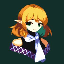 Rule 34 | 1girl, 4qw5, bare shoulders, blonde hair, closed mouth, cropped torso, eyes visible through hair, green background, green eyes, looking at viewer, mizuhashi parsee, pixel art, pointy ears, scarf, short hair, simple background, solo, touhou, white scarf