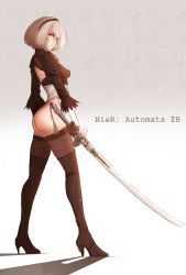 Rule 34 | 1girl, absurdres, artist request, ass, black footwear, black gloves, black thighhighs, blue eyes, boots, breasts, character name, copyright name, feather trim, feathers, from side, gloves, gradient background, hairband, high heel boots, high heels, highleg, highleg leotard, highres, holding, holding sword, holding weapon, katana, leotard, long sleeves, looking at viewer, medium breasts, nier:automata, nier (series), parted lips, puffy sleeves, shadow, short hair, simple background, solo, standing, sword, thigh boots, thighhighs, thighs, weapon, white hair, 2b (nier:automata)