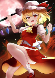 Rule 34 | 1girl, absurdres, ascot, back bow, backlighting, blonde hair, blurry, blurry background, bow, breasts, chirihouki, collared shirt, fang, flandre scarlet, foot out of frame, hair between eyes, hat, hat ribbon, highres, holding, holding polearm, holding weapon, laevatein (touhou), looking at viewer, mary janes, medium hair, mob cap, moon, multicolored wings, open mouth, orange eyes, polearm, puffy short sleeves, puffy sleeves, red footwear, red moon, red ribbon, red skirt, red vest, ribbon, shirt, shoes, short sleeves, skin fang, skirt, skirt set, small breasts, socks, solo, touhou, vest, weapon, white bow, white hat, white shirt, white socks, wings, yellow ascot