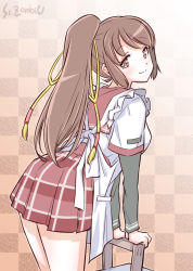 Rule 34 | 1girl, apron, arm support, artist name, bent over, black background, breasts, brown eyes, brown hair, checkered background, closed mouth, cowboy shot, dot nose, eyelashes, frilled apron, frills, half-closed eyes, head tilt, kamihama university affiliated school uniform, layered sleeves, legs together, light blush, light smile, long eyelashes, long sleeves, looking at viewer, looking back, magia record: mahou shoujo madoka magica gaiden, mahou shoujo madoka magica, orange background, plaid, plaid skirt, pleated skirt, red skirt, school uniform, short over long sleeves, short sleeves, side ponytail, sideboob, skirt, small breasts, solo, standing, studiozombie, tassel, thighs, two-tone background, vignetting, white apron, yui tsuruno