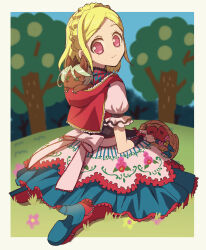 Rule 34 | 1girl, animalization, apple, basket, blonde hair, blue sky, boots, border, braid, capelet, closed mouth, commentary request, crown braid, day, dress, edamame (buruburu), floral print, flower, food, fruit, full body, green eyes, hair between eyes, high heel boots, high heels, highres, holding, holding basket, hood, hood down, hooded capelet, long hair, looking at viewer, looking back, midorikaze fuwari, multicolored clothes, multicolored dress, on grass, outdoors, pink eyes, pink flower, pretty series, pripara, puffy short sleeves, puffy sleeves, red capelet, shikyoin hibiki, shoe soles, short sleeves, sitting, sky, smile, solo, tree, wariza, white border