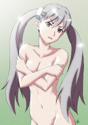 Rule 34 | 10s, 1girl, breasts, brown eyes, completely nude, crossed arms, highres, long hair, looking at viewer, monogatari (series), nude, oikura sodachi, out-of-frame censoring, owarimonogatari, silver hair, small breasts, solo, twintails, vzmk2