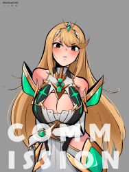 bare_shoulders blonde_hair breasts brown_eyes chest_jewel cleavage cleavage_cutout clothing_cutout commission core_crystal_(xenoblade) cowboy_shot dress earrings english_text highres jewelry long_hair mythra_(xenoblade) sedisedi143 tiara twitter_username white_dress xenoblade_chronicles_(series) xenoblade_chronicles_2