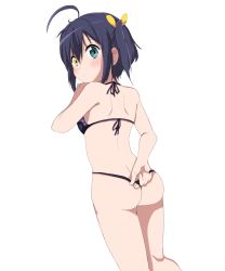 Rule 34 | 10s, 1girl, ahoge, arm behind back, ass, bare arms, bare back, bare legs, bare shoulders, bikini, black bikini, black hair, blue eyes, blush, chuunibyou demo koi ga shitai!, commentary request, dot nose, feet out of frame, from behind, hair ribbon, hand in bikini, heterochromia, hgm (cjh4563), highres, looking at viewer, looking back, one side up, ribbon, short hair, simple background, solo, swimsuit, takanashi rikka, wedgie, white background, yellow eyes