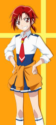 Rule 34 | 10s, 1girl, blush, clothes around waist, eyelashes, grin, hair ornament, hairclip, hands on own hips, highres, hino akane (smile precure!), ponytail, precure, red eyes, red hair, school uniform, short hair, skirt, sleeves rolled up, smile, smile (rz), smile precure!, solo, sweater, sweater around waist, tied sweater